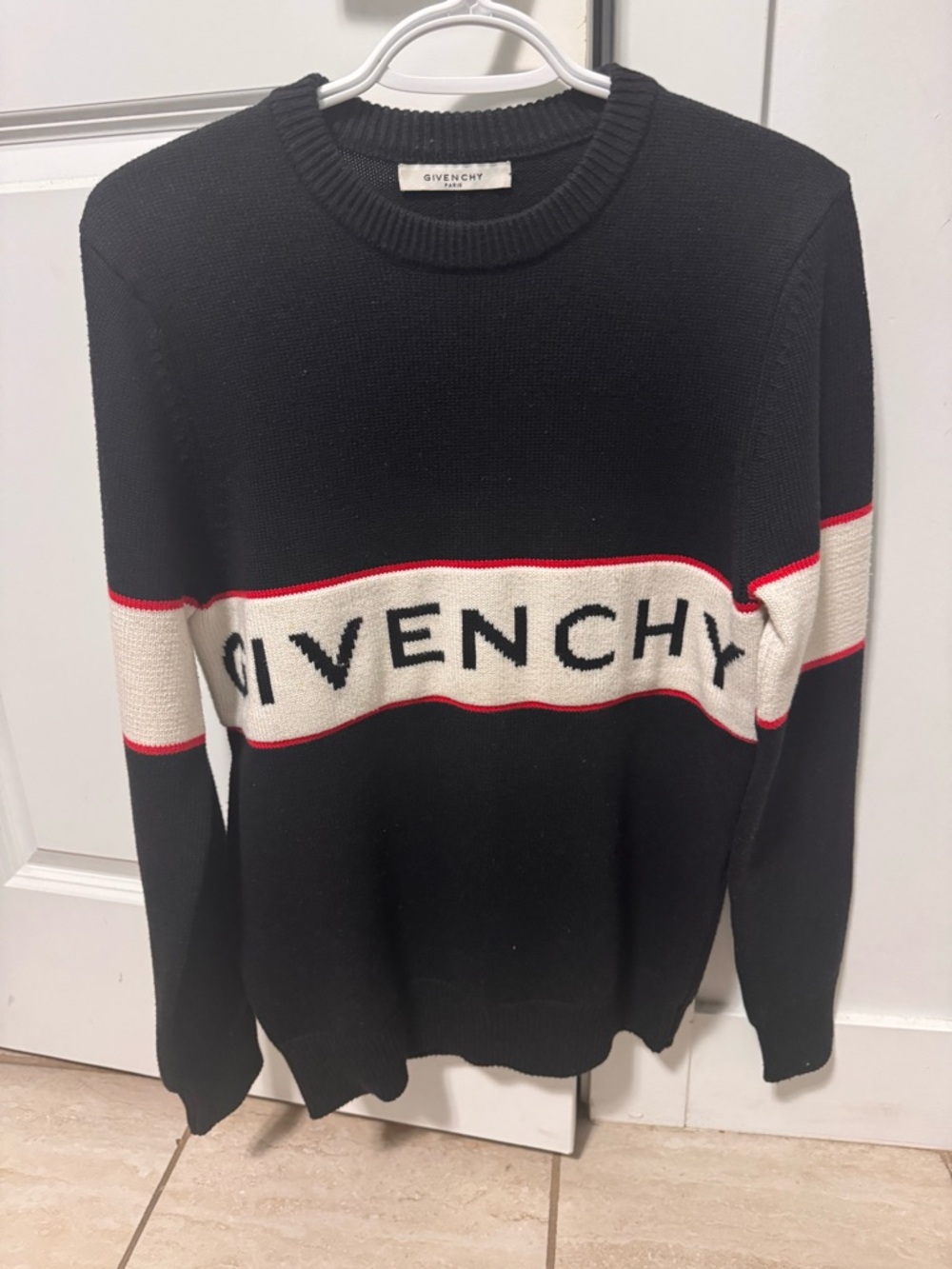 Givenchy Black, White & Red Logo Stripe Crewneck Sweater